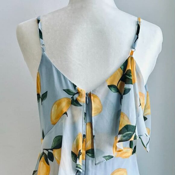 Melanie Lyne Icy Blue Lemon Print Asymmetrical Overlay Chiffon Maxi Dress – US 2 - Picture 8 of 15